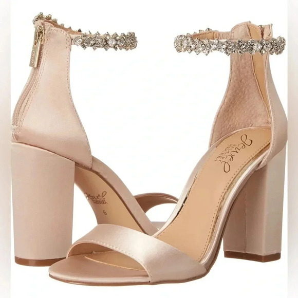 Badgley Mischka Jewel Louise Peep-Toe Block Heel Crystal‎ Satin Champagne Wm 8.5 - Picture 1 of 12